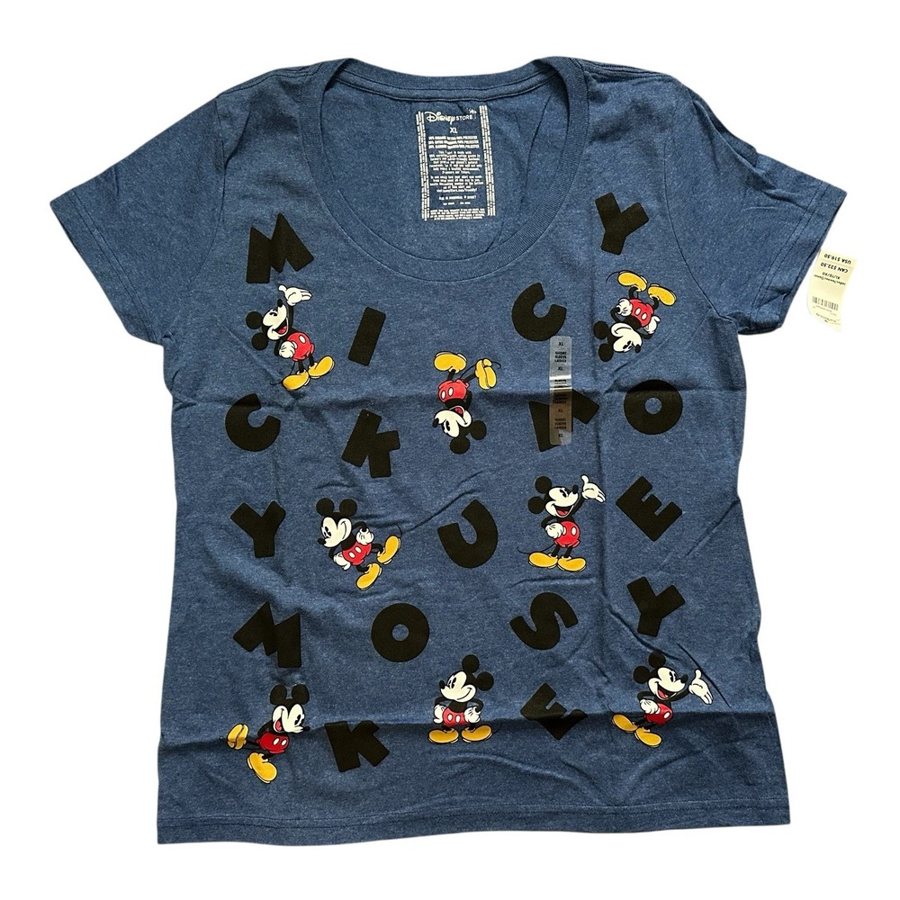 New Disney Store Multiple Mickey Mouse Name All Over Print‎ Blue Shirt Size XL